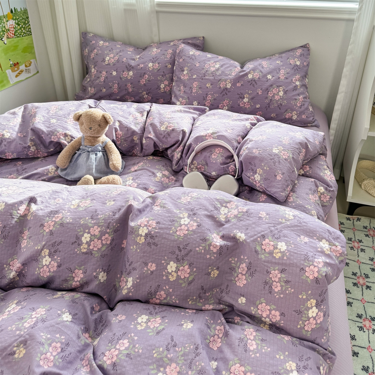 91家纺网 家纺一手货源 找家纺 多品家纺 2025新款超柔云感双层纱四件套 紫烟