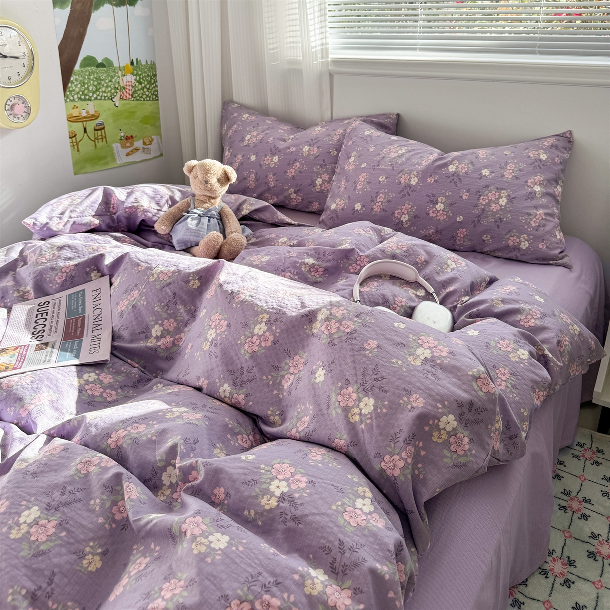 91家纺网 家纺一手货源 找家纺 多品家纺 2025新款超柔云感双层纱四件套 紫烟