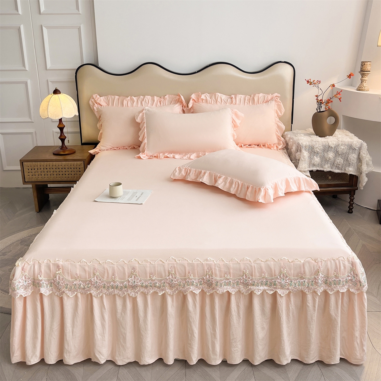 好儿喜家纺 2025新款A类水洗棉花边床裙蕾丝床罩三件套-醉美人 醉美人-浅粉