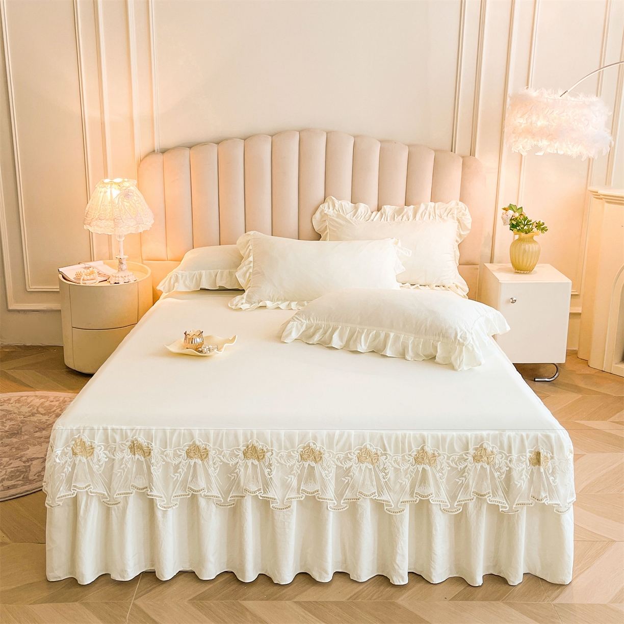 好儿喜家纺 2025新款A类水洗棉花边床裙蕾丝床罩三件套-如漫 如漫-奶白