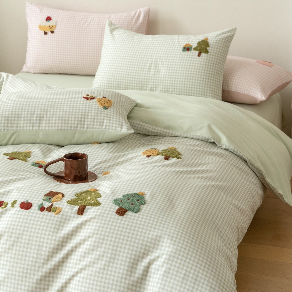 91家纺网 家纺一手货源 找家纺 FORTWO家纺原创设计（FOR TWO家纺） 2025新款50磨毛格子可爱卡通毛巾绣四件套 小树屋