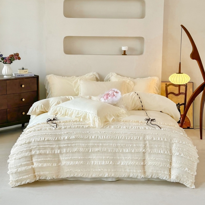 庭笙 2025新款仙女小清新褶皱裙边少女背带公主裙摆法式梦幻纱蕾丝四件套 米白