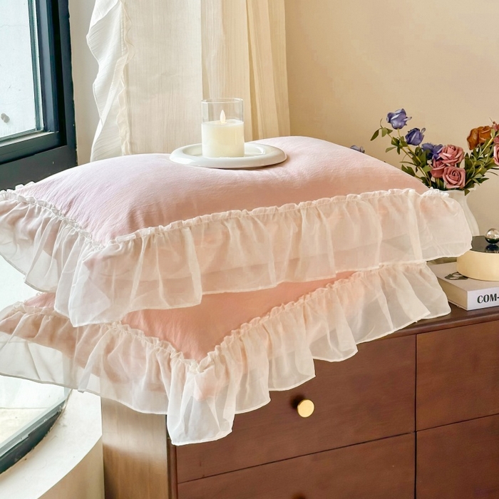 91家纺网 家纺一手货源 找家纺 庭笙 2025新款仙女小清新褶皱裙边少女背带公主裙摆法式梦幻纱蕾丝四件套 浅粉