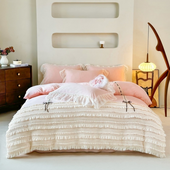 庭笙 2025新款仙女小清新褶皱裙边少女背带公主裙摆法式梦幻纱蕾丝四件套 浅粉