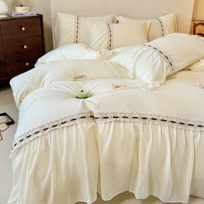 91家纺网 家纺一手货源 找家纺 庭笙 2025新款法式少女全棉镂空花边仙女梦幻纱蕾丝边四件套-清甜少女 清甜少女-米白