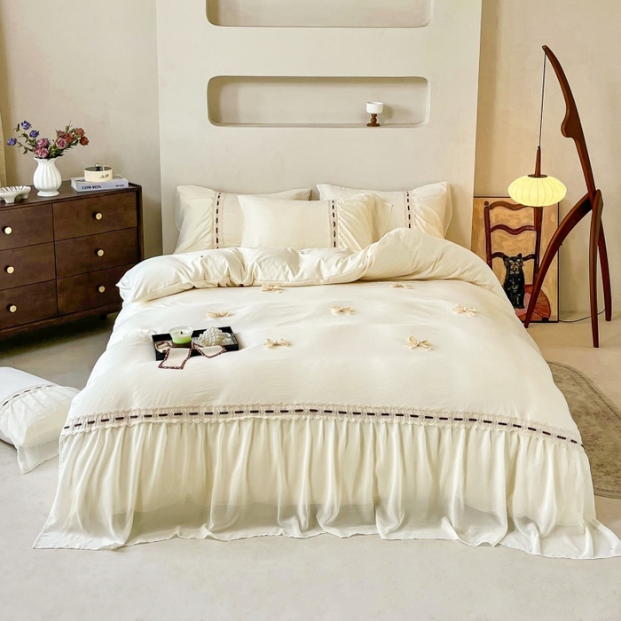 91家纺网 家纺一手货源 找家纺 庭笙 2025新款法式少女全棉镂空花边仙女梦幻纱蕾丝边四件套-清甜少女 清甜少女-米白