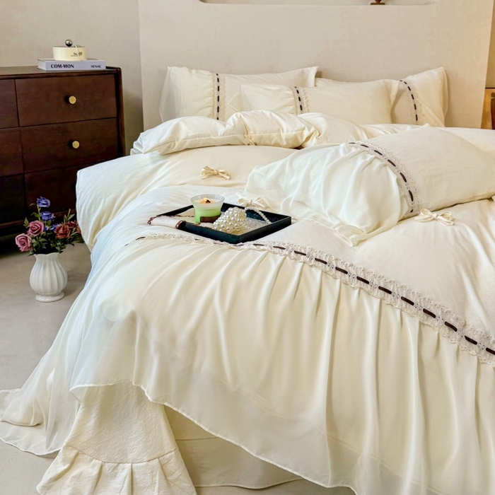 91家纺网 家纺一手货源 找家纺 庭笙 2025新款法式少女全棉镂空花边仙女梦幻纱蕾丝边四件套-清甜少女 清甜少女-米白