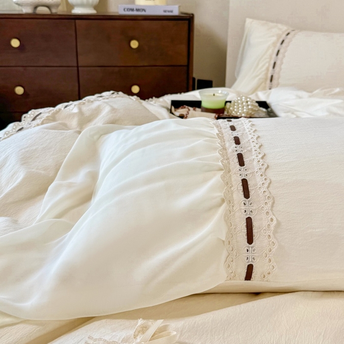 91家纺网 家纺一手货源 找家纺 庭笙 2025新款法式少女全棉镂空花边仙女梦幻纱蕾丝边四件套-清甜少女 清甜少女-米白