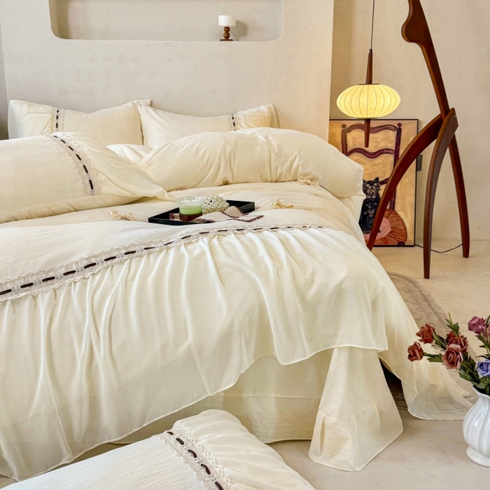 91家纺网 家纺一手货源 找家纺 庭笙 2025新款法式少女全棉镂空花边仙女梦幻纱蕾丝边四件套-清甜少女 清甜少女-米白