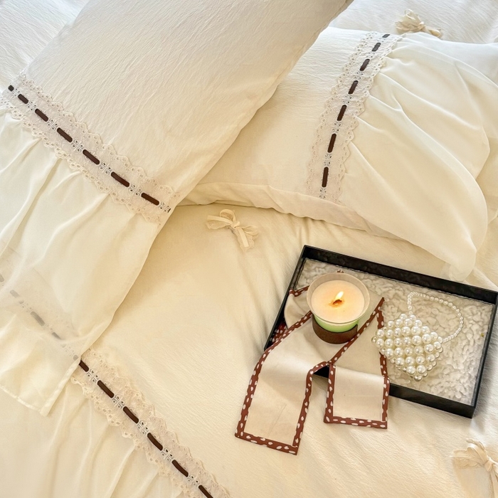 91家纺网 家纺一手货源 找家纺 庭笙 2025新款法式少女全棉镂空花边仙女梦幻纱蕾丝边四件套-清甜少女 清甜少女-米白