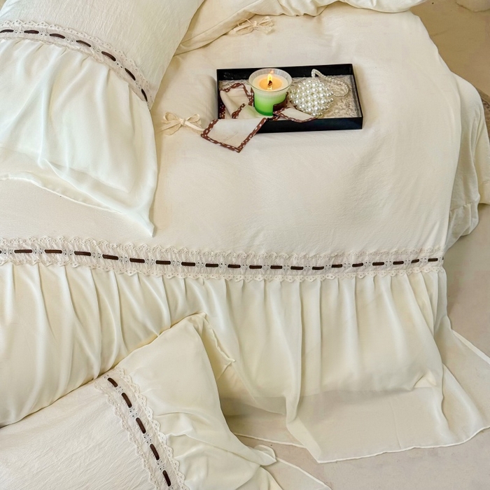 91家纺网 家纺一手货源 找家纺 庭笙 2025新款法式少女全棉镂空花边仙女梦幻纱蕾丝边四件套-清甜少女 清甜少女-米白