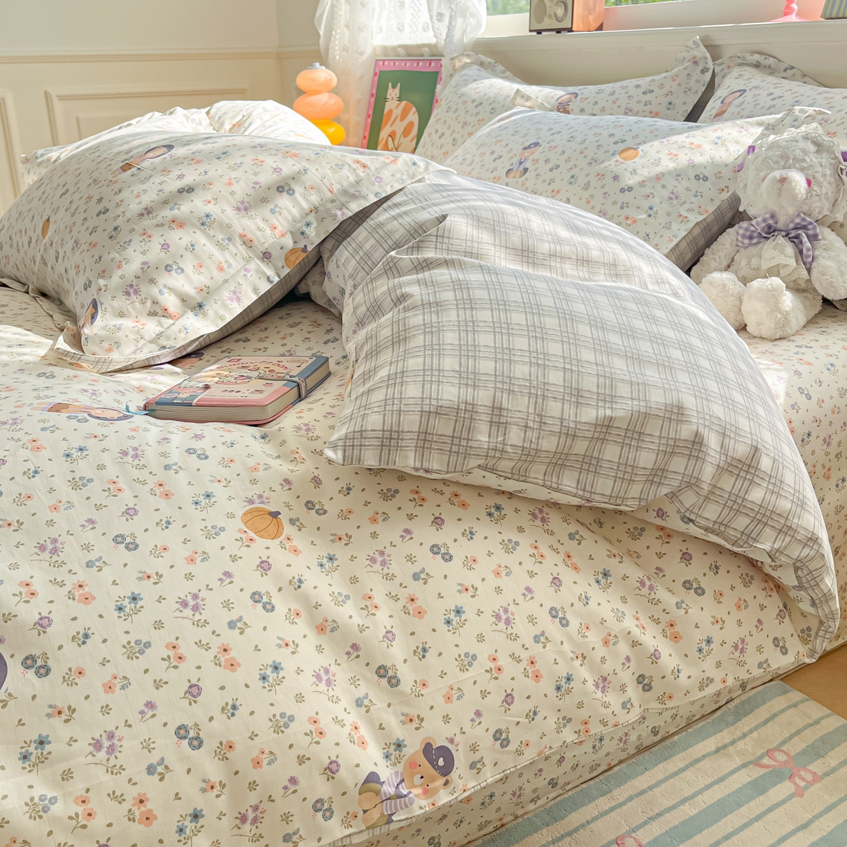 91家纺网 家纺一手货源 找家纺 花梦欣 2025新款全棉印花单品系列-四件套 碎花兔熊