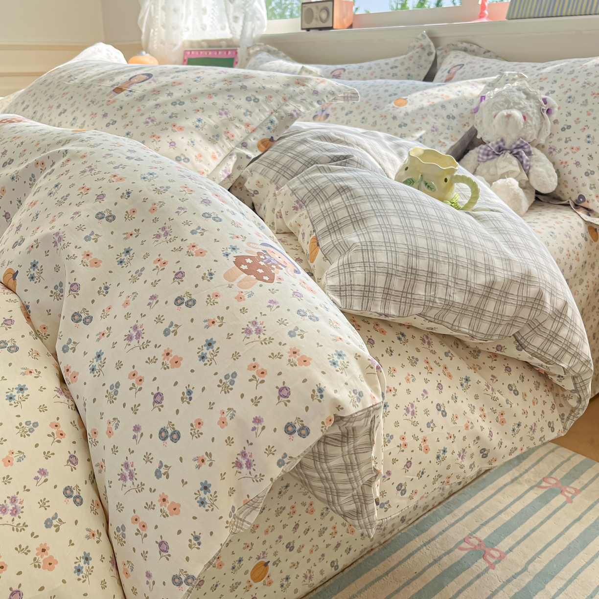 91家纺网 家纺一手货源 找家纺 花梦欣 2025新款全棉印花单品系列-四件套 碎花兔熊