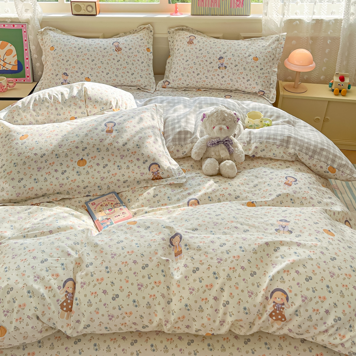 91家纺网 家纺一手货源 找家纺 花梦欣 2025新款全棉印花单品系列-四件套 碎花兔熊