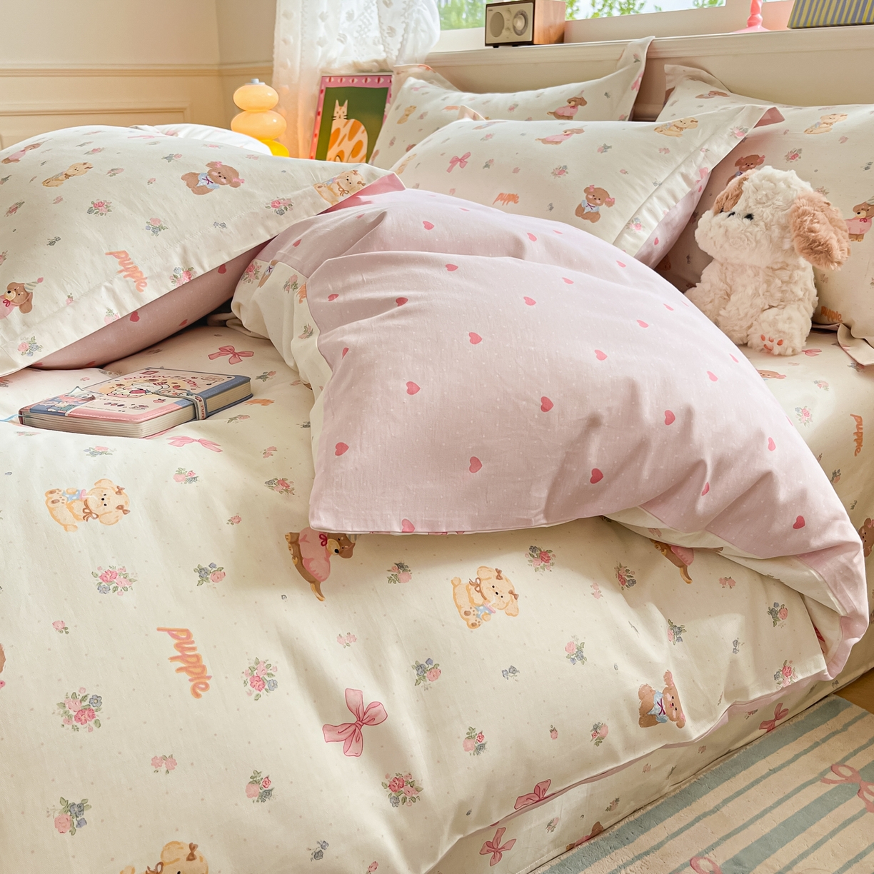 91家纺网 家纺一手货源 找家纺 花梦欣 2025新款全棉印花单品系列-四件套 酷卡小狗