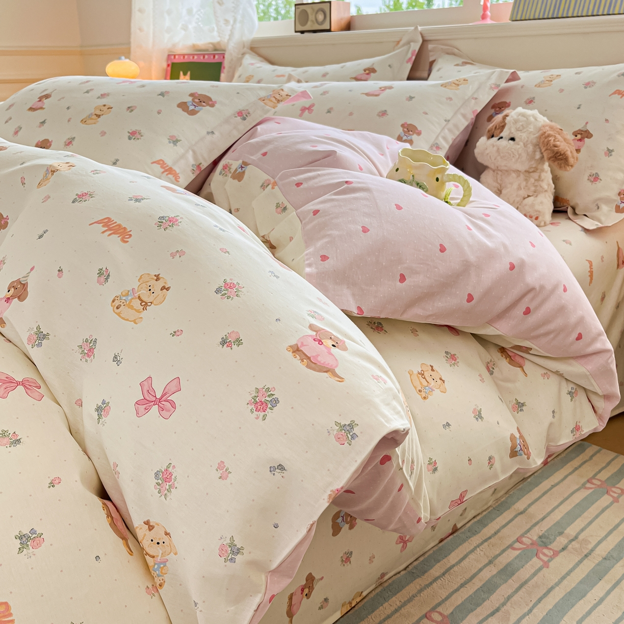 91家纺网 家纺一手货源 找家纺 花梦欣 2025新款全棉印花单品系列-四件套 酷卡小狗