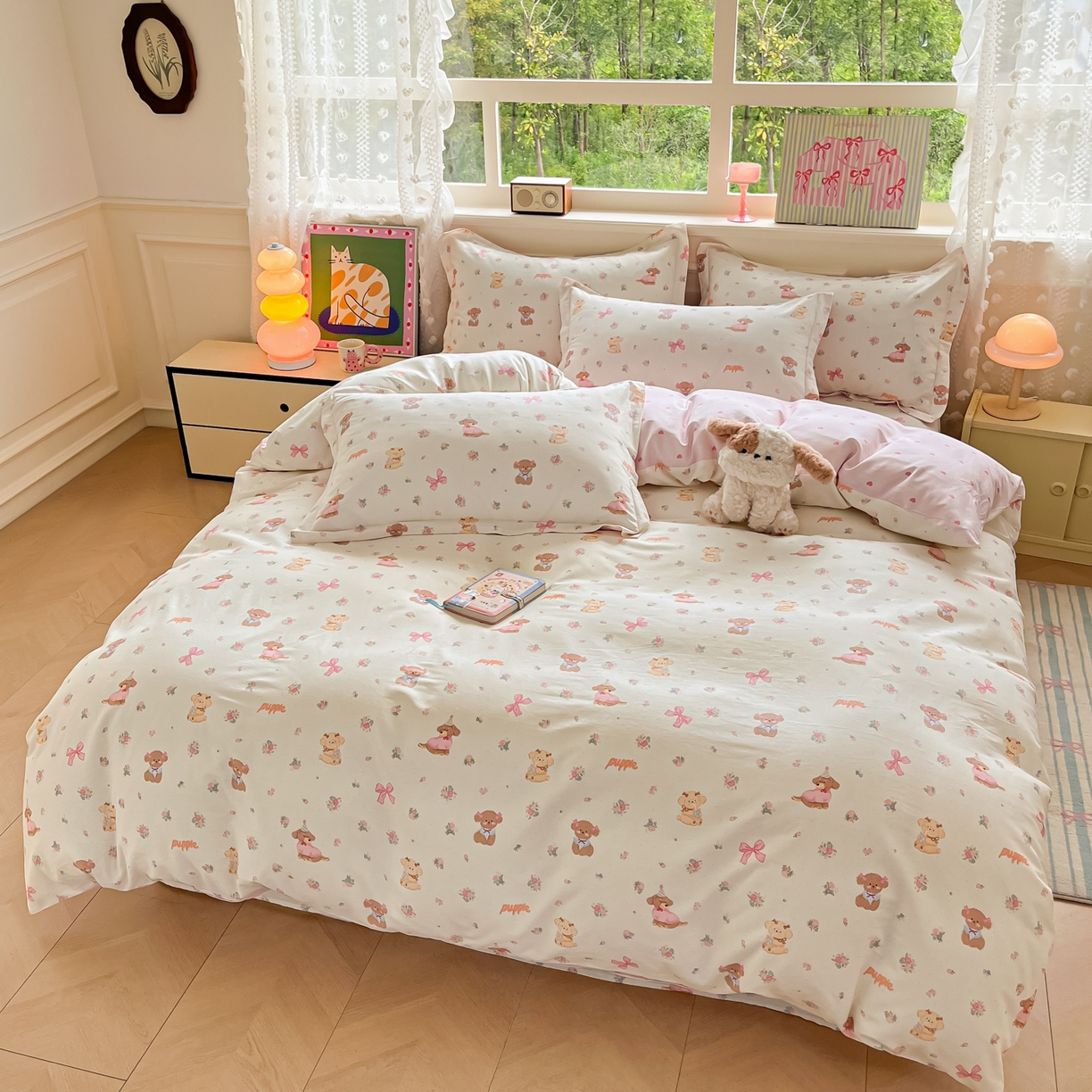 91家纺网 家纺一手货源 找家纺 花梦欣 2025新款全棉印花单品系列-四件套 酷卡小狗