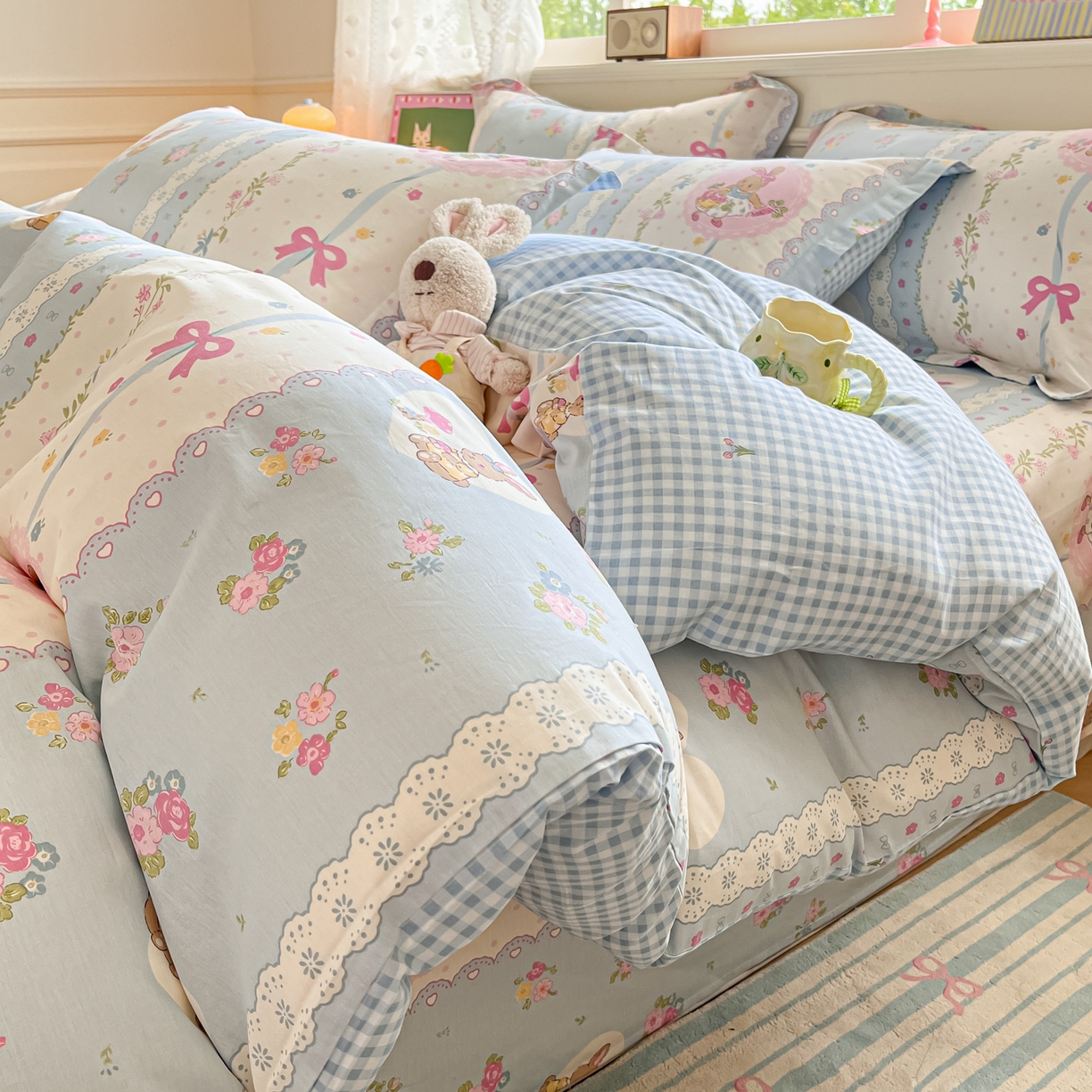 91家纺网 家纺一手货源 找家纺 花梦欣 2025新款全棉印花单品系列-四件套 花丛兔兰