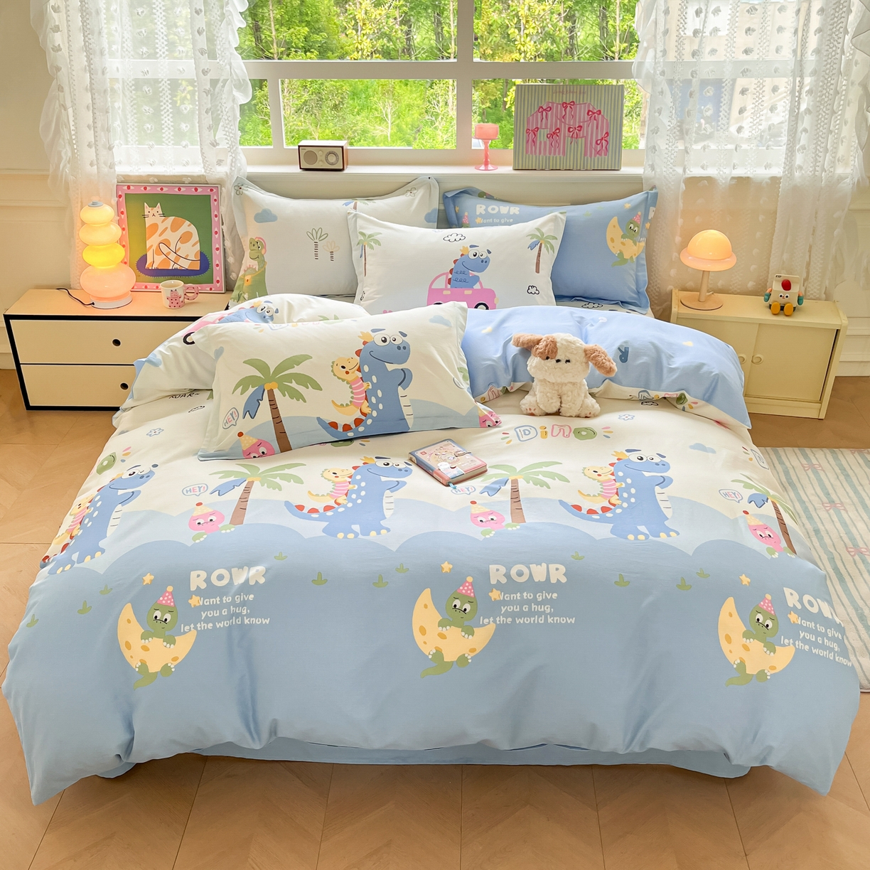 花梦欣 2025新款全棉印花单品系列-四件套 度假恐龙