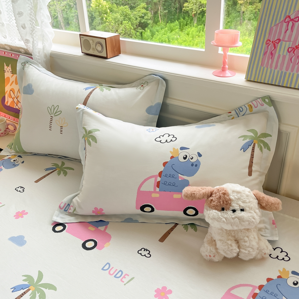 91家纺网 家纺一手货源 找家纺 花梦欣 2025新款全棉印花单品系列-四件套 度假恐龙