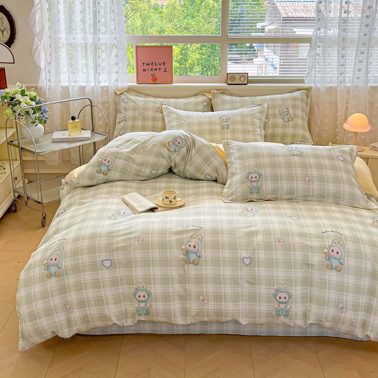 91家纺网 家纺一手货源 找家纺 花梦欣 2025新款全棉印花单品系列-四件套 薄荷兔兔