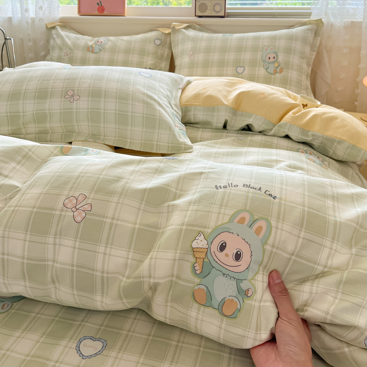 91家纺网 家纺一手货源 找家纺 花梦欣 2025新款全棉印花单品系列-四件套 薄荷兔兔