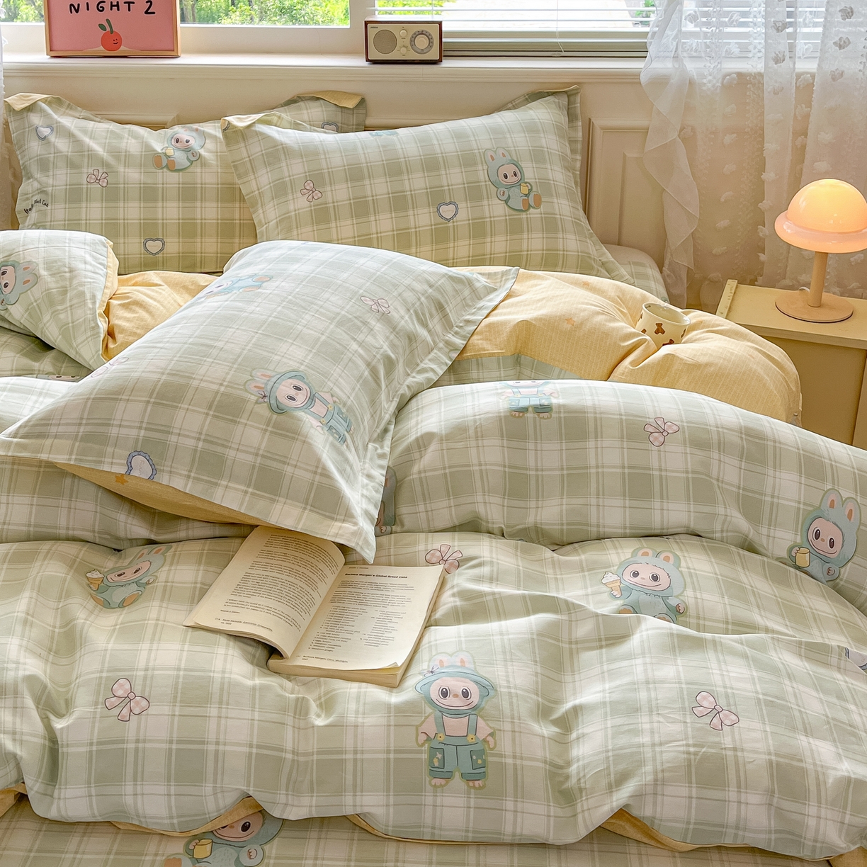 91家纺网 家纺一手货源 找家纺 花梦欣 2025新款全棉印花单品系列-四件套 薄荷兔兔