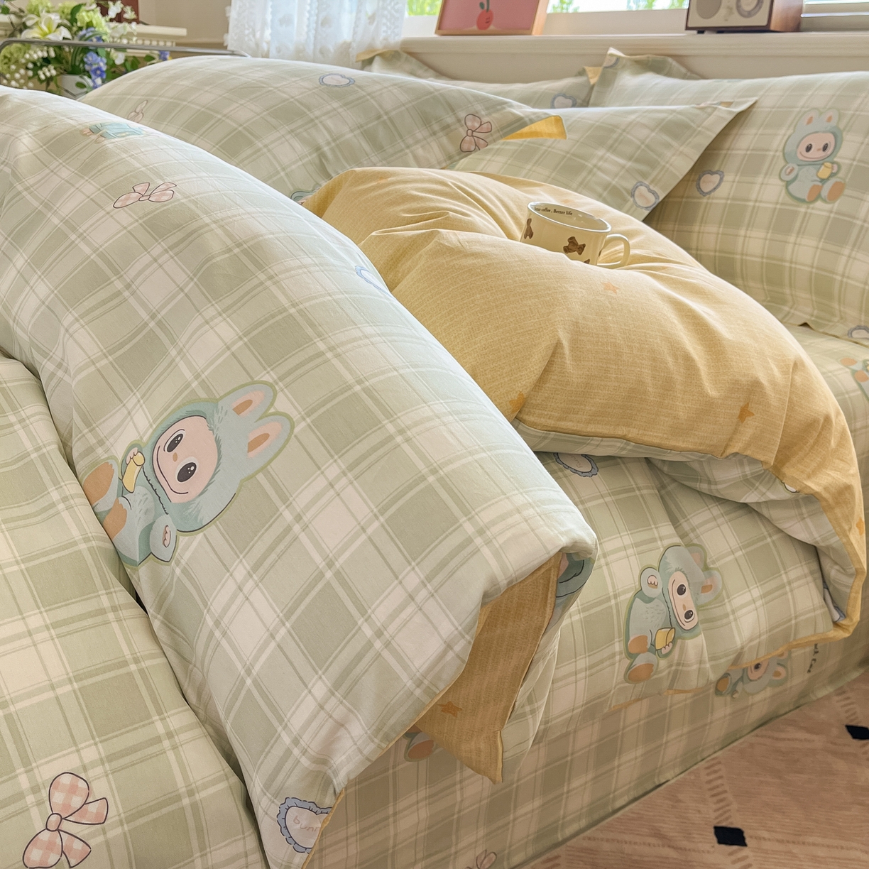 91家纺网 家纺一手货源 找家纺 花梦欣 2025新款全棉印花单品系列-四件套 薄荷兔兔