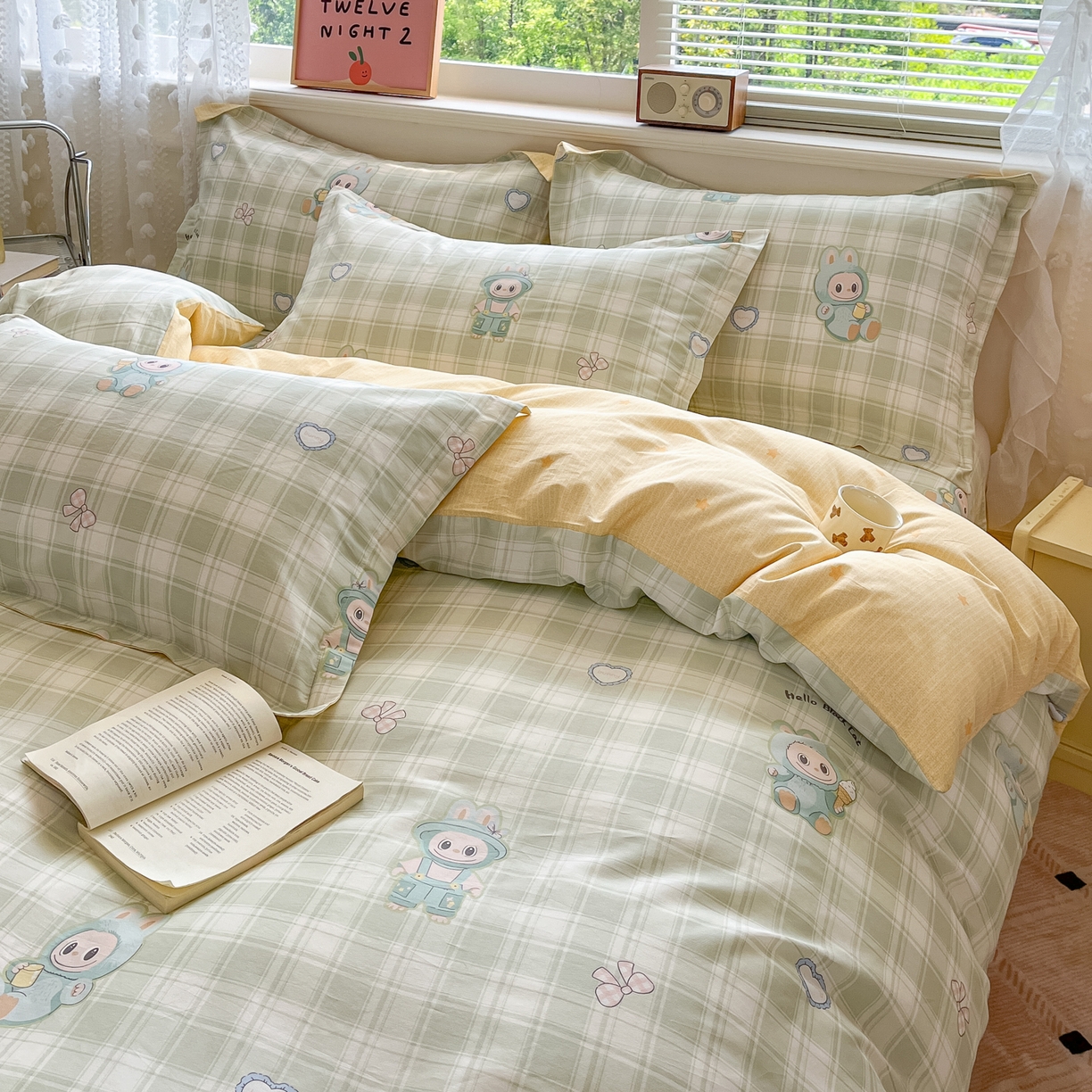 91家纺网 家纺一手货源 找家纺 花梦欣 2025新款全棉印花单品系列-四件套 薄荷兔兔