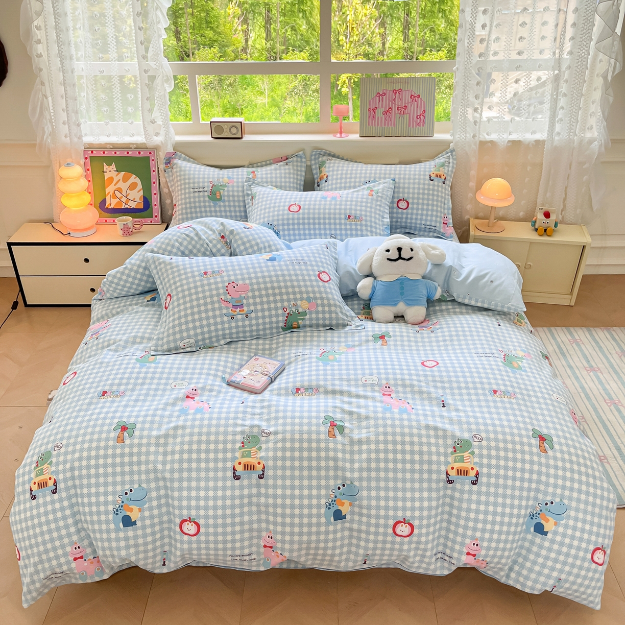 花梦欣 2025新款全棉印花单品系列-四件套 大眼恐龙蓝