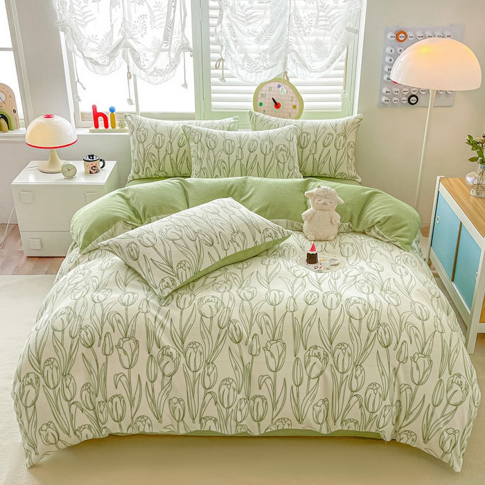 鸿羽樱家纺《原伊菲晓》 2025新款小清新牛奶绒印花四件套 花束