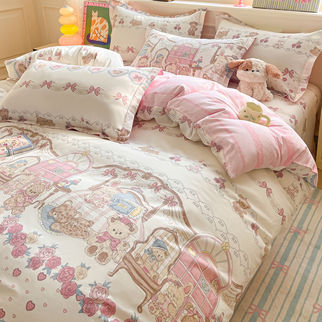 91家纺网 家纺一手货源 找家纺 花梦欣 2025新款全棉印花单品系列-四件套 安缦小熊