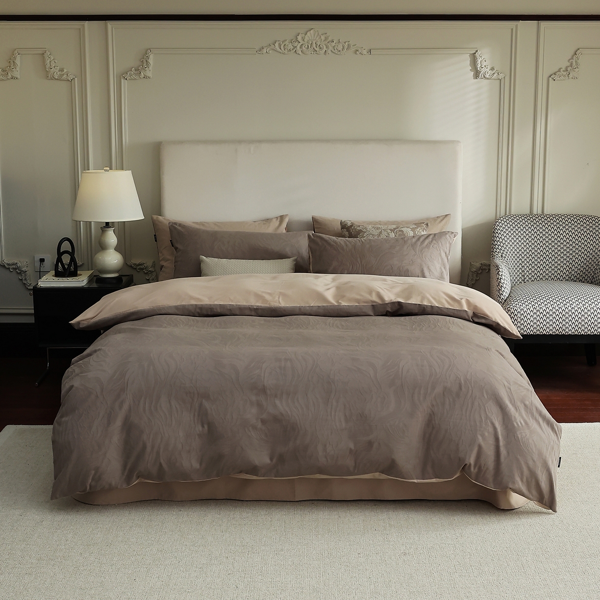 玉宇阁家居 2025秋款100S大提花磨毛四件套-与雾系列 与雾-巧克力棕