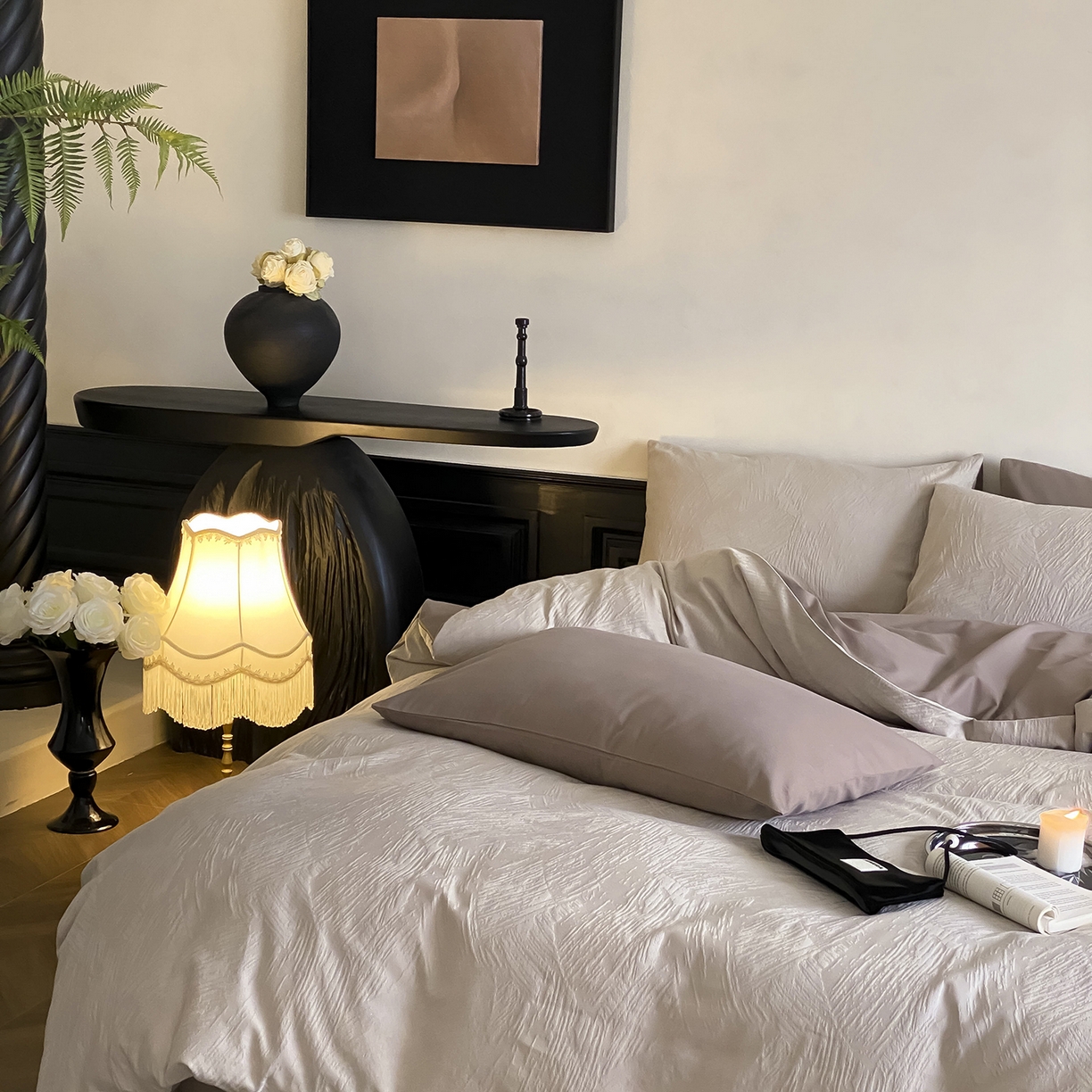 91家纺网 家纺一手货源 找家纺 （总）玉宇阁家居 2025秋款100S大提花磨毛四件套-磨毛月岛弥生