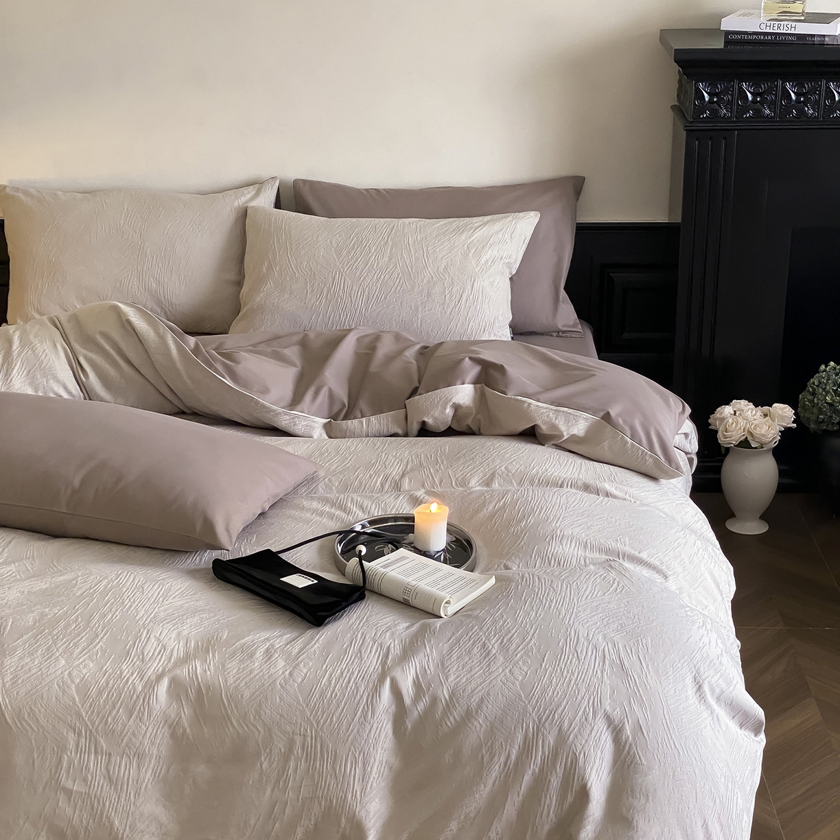 91家纺网 家纺一手货源 找家纺 （总）玉宇阁家居 2025秋款100S大提花磨毛四件套-磨毛月岛弥生