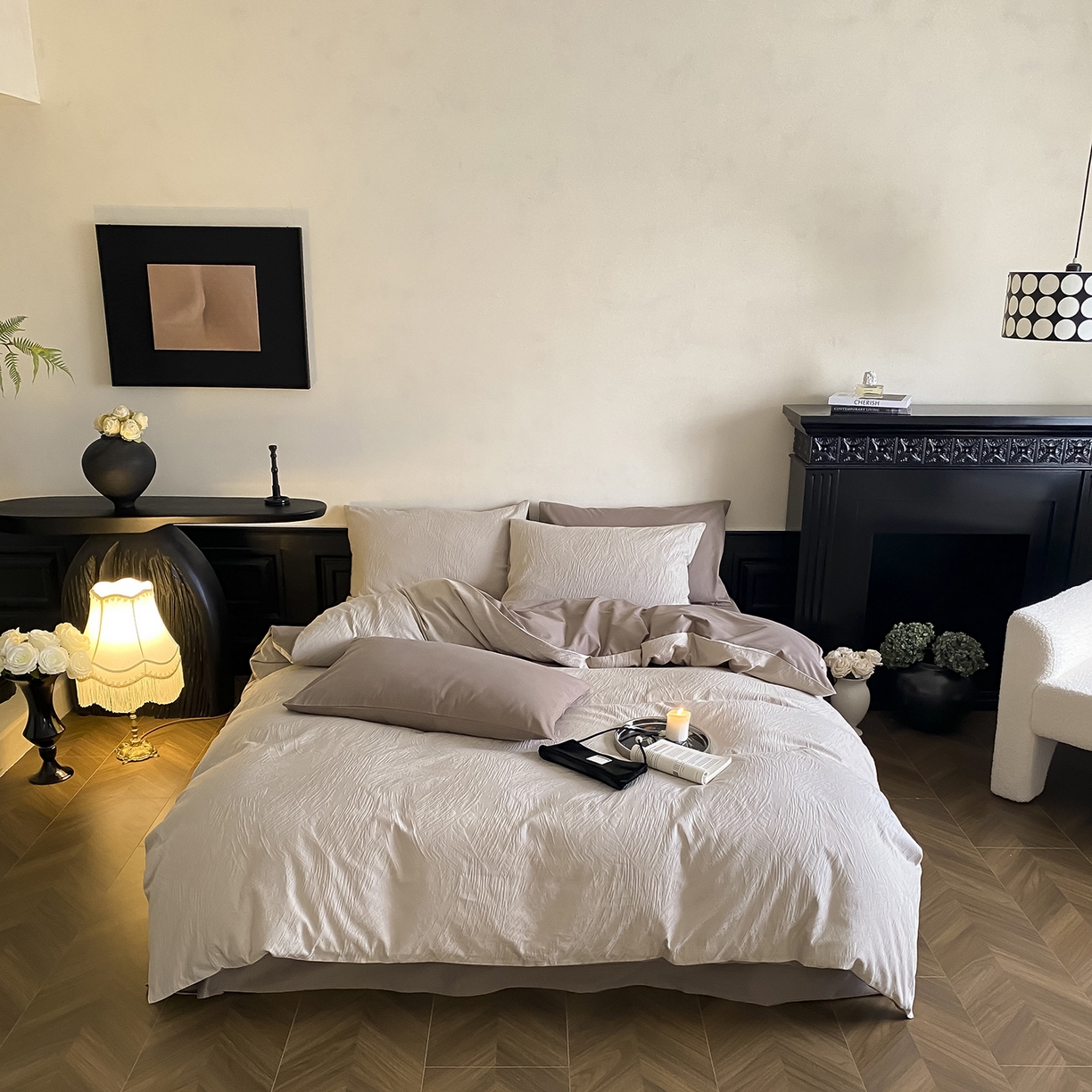 91家纺网 家纺一手货源 找家纺 （总）玉宇阁家居 2025秋款100S大提花磨毛四件套-磨毛月岛弥生