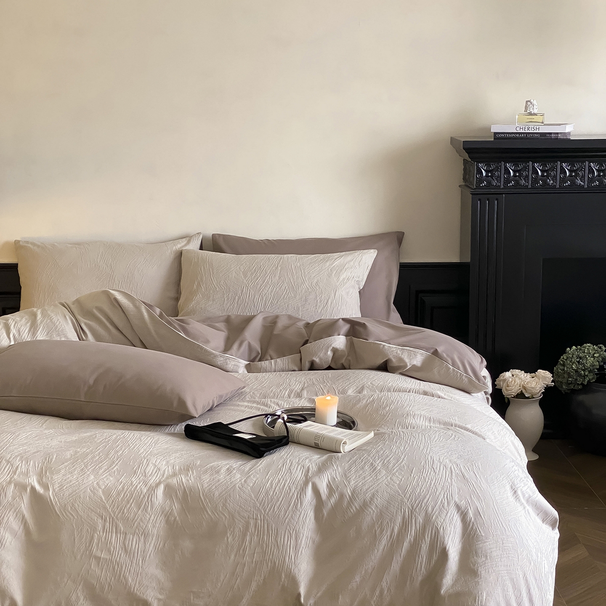 91家纺网 家纺一手货源 找家纺 玉宇阁家居 2025秋款100S大提花磨毛四件套-月岛弥生 磨毛月岛弥生-可可棕