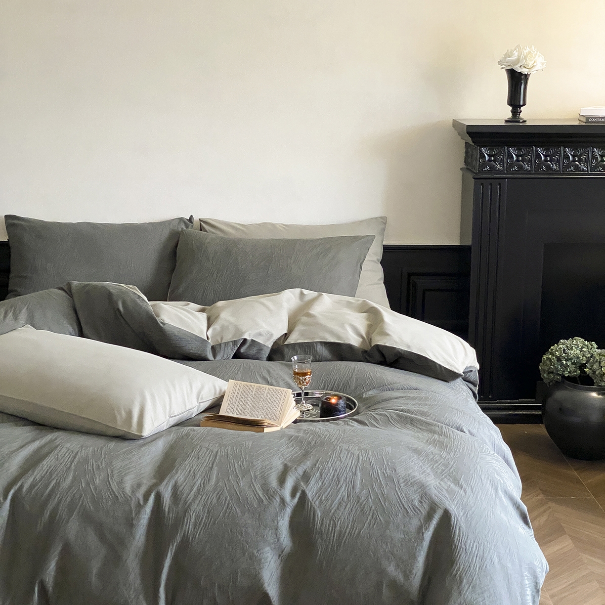 91家纺网 家纺一手货源 找家纺 玉宇阁家居 2025秋款100S大提花磨毛四件套-月岛弥生 磨毛月岛弥生-暮云灰绿