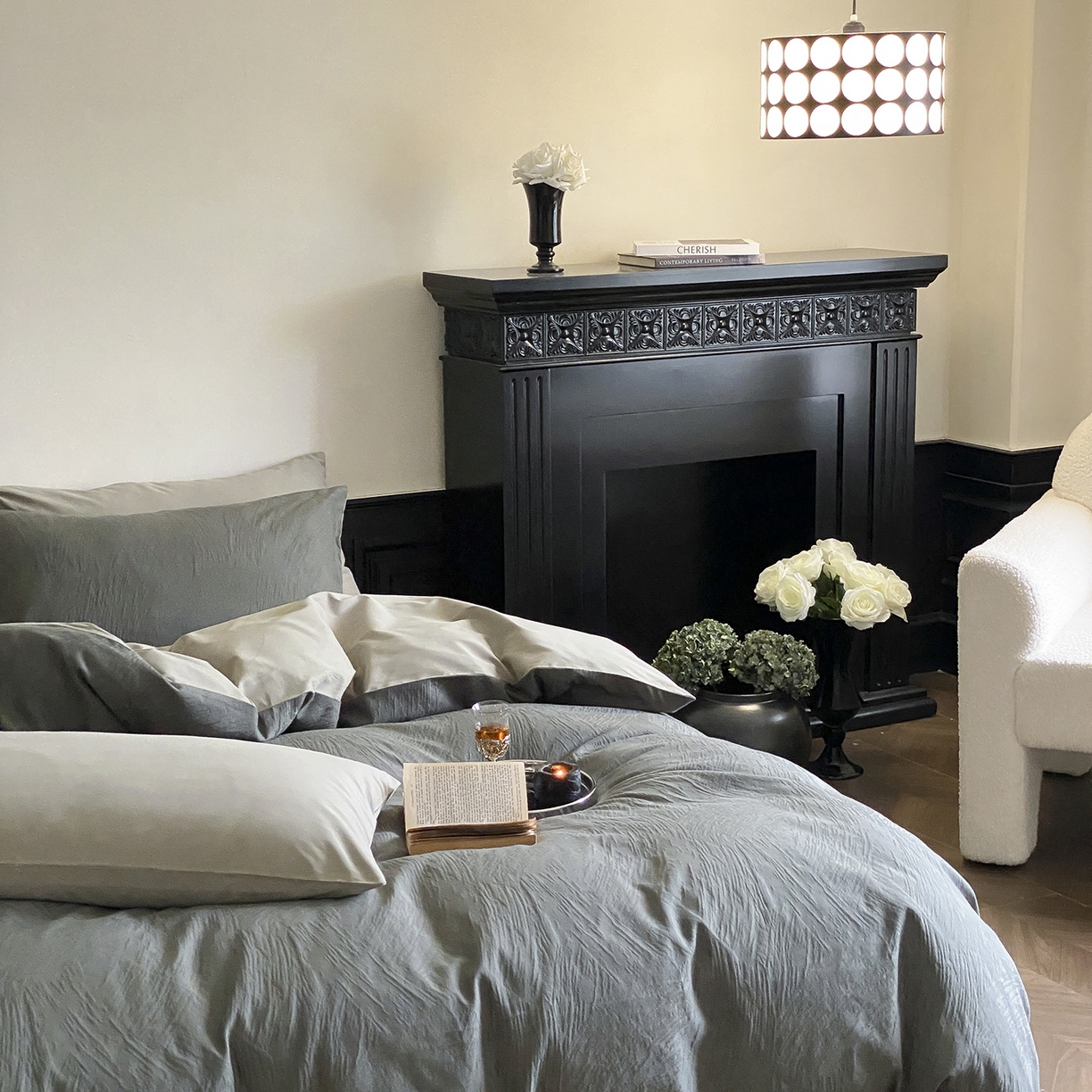 91家纺网 家纺一手货源 找家纺 玉宇阁家居 2025秋款100S大提花磨毛四件套-月岛弥生 磨毛月岛弥生-暮云灰绿