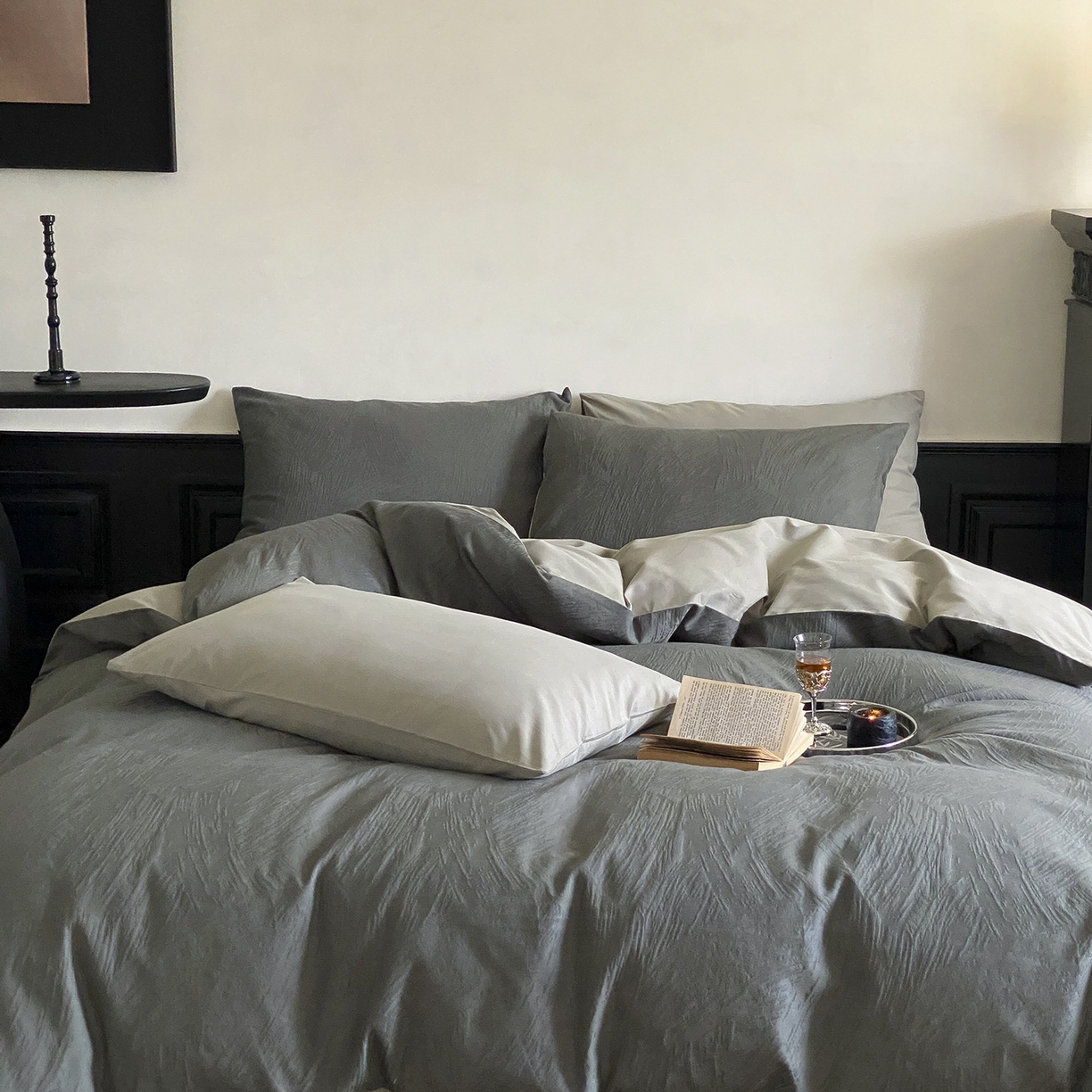 91家纺网 家纺一手货源 找家纺 玉宇阁家居 2025秋款100S大提花磨毛四件套-月岛弥生 磨毛月岛弥生-暮云灰绿