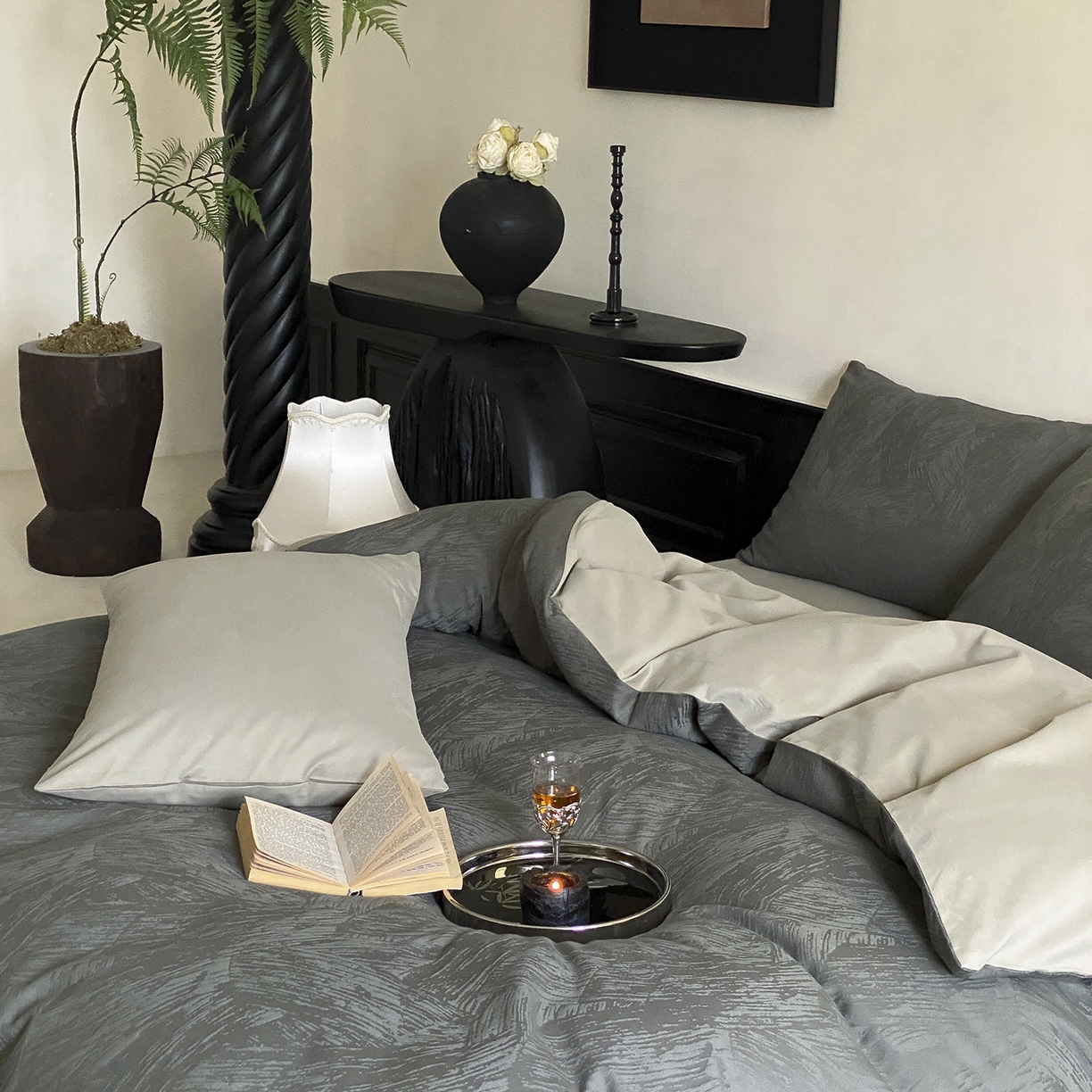 91家纺网 家纺一手货源 找家纺 玉宇阁家居 2025秋款100S大提花磨毛四件套-月岛弥生 磨毛月岛弥生-暮云灰绿