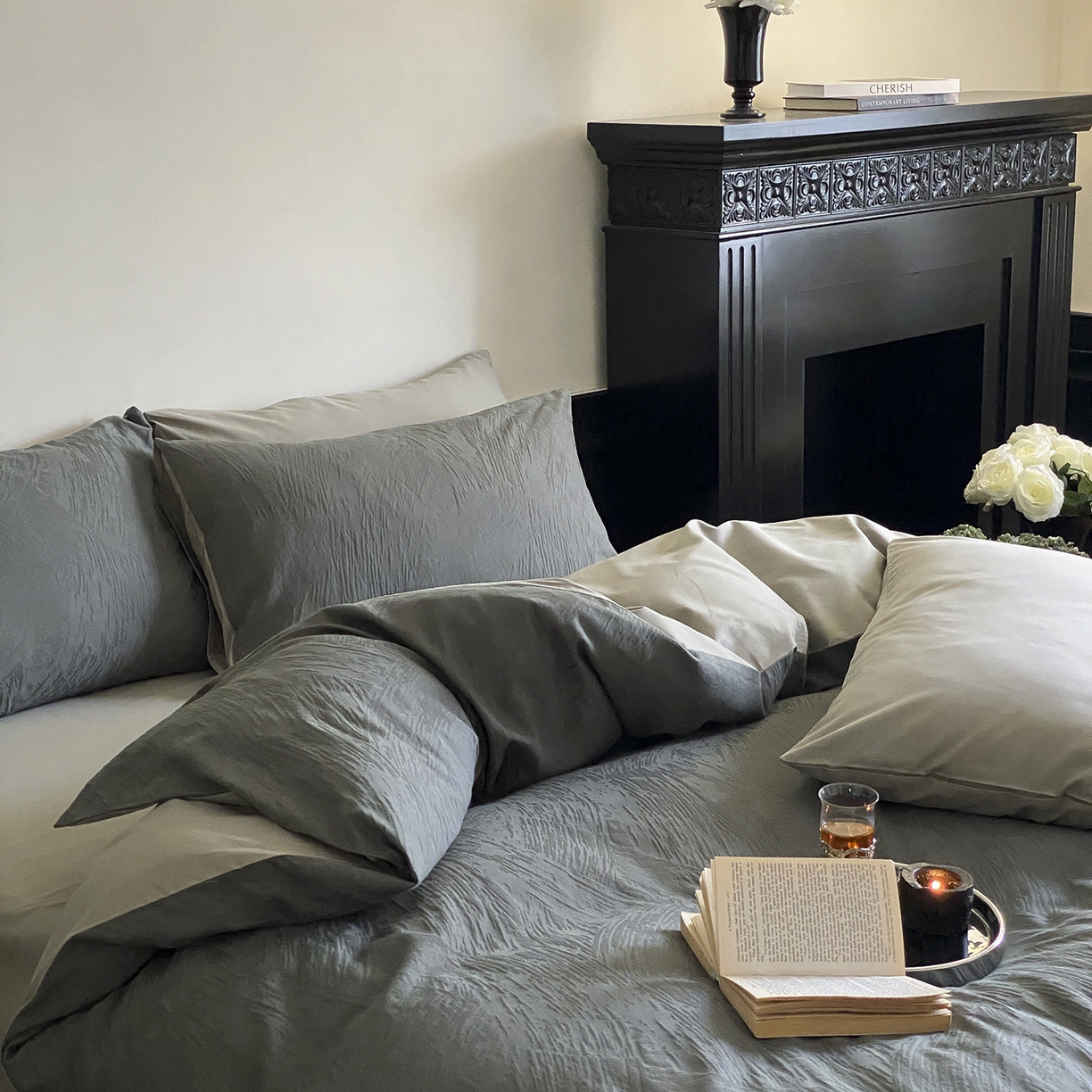 91家纺网 家纺一手货源 找家纺 玉宇阁家居 2025秋款100S大提花磨毛四件套-月岛弥生 磨毛月岛弥生-暮云灰绿