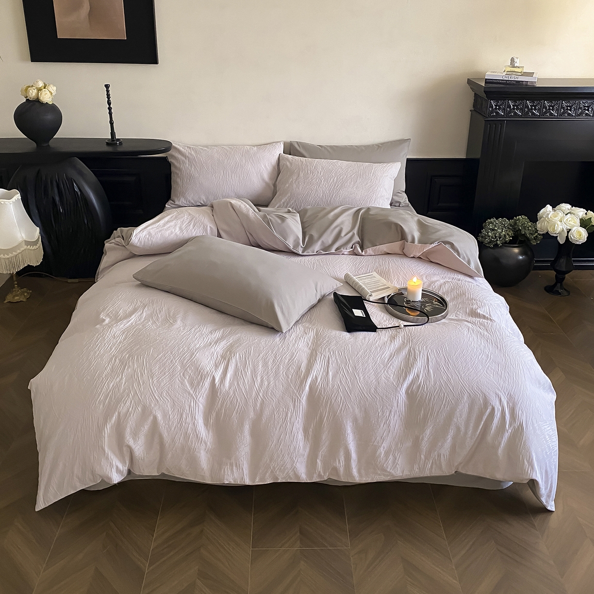 玉宇阁家居 2025秋款100S大提花磨毛四件套-月岛弥生 磨毛月岛弥生-杏仁烤奶