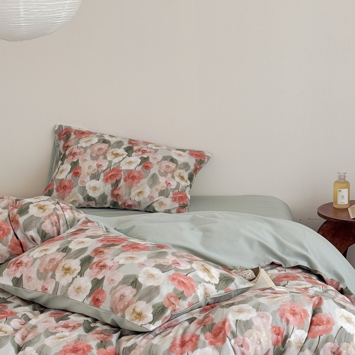 91家纺网 家纺一手货源 找家纺 窝米 2025新款全棉纯棉火山磨毛花卉系列四件套-第一批 朵唯绿