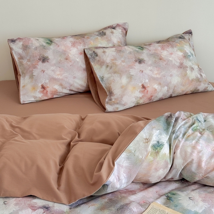 91家纺网 家纺一手货源 找家纺 窝米 2025新款全棉纯棉火山磨毛花卉系列四件套-第一批 雾花粉