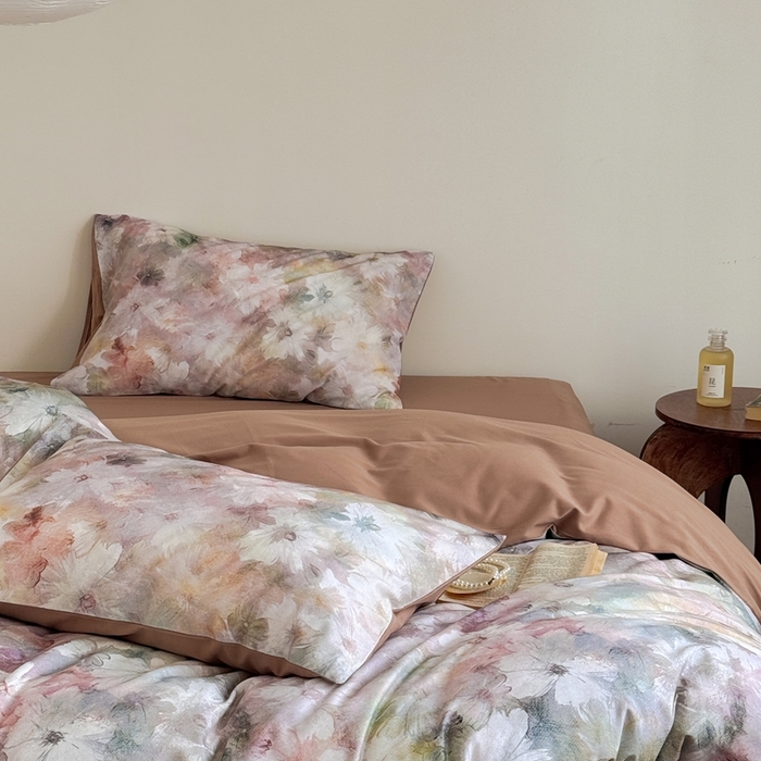 91家纺网 家纺一手货源 找家纺 窝米 2025新款全棉纯棉火山磨毛花卉系列四件套-第一批 雾花粉