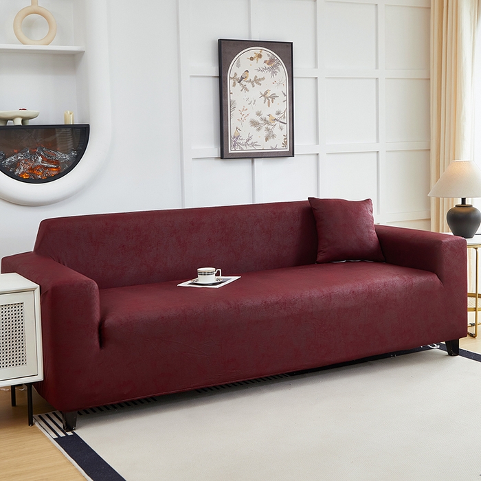 91家纺网 家纺一手货源 找家纺 丝绮鹿 2025新款防水皮革沙发套 全包沙发套松紧款沙发套 酒红
