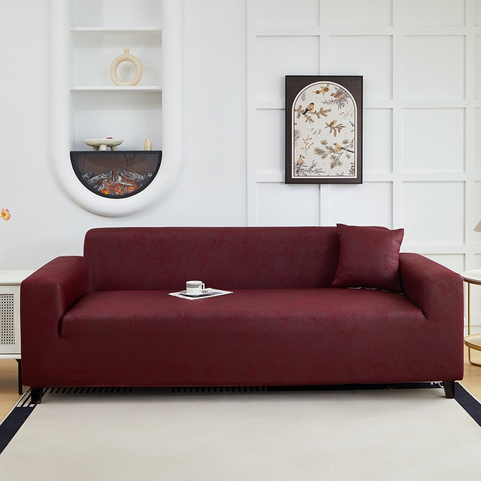 91家纺网 家纺一手货源 找家纺 丝绮鹿 2025新款防水皮革沙发套 全包沙发套松紧款沙发套 酒红