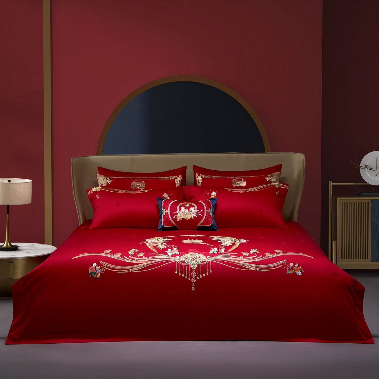 91家纺网 家纺一手货源 找家纺 （总）美娘阁 2025新款长绒棉全棉贡缎提花款新中式古典韵味精美刺绣婚庆四件套-系列一