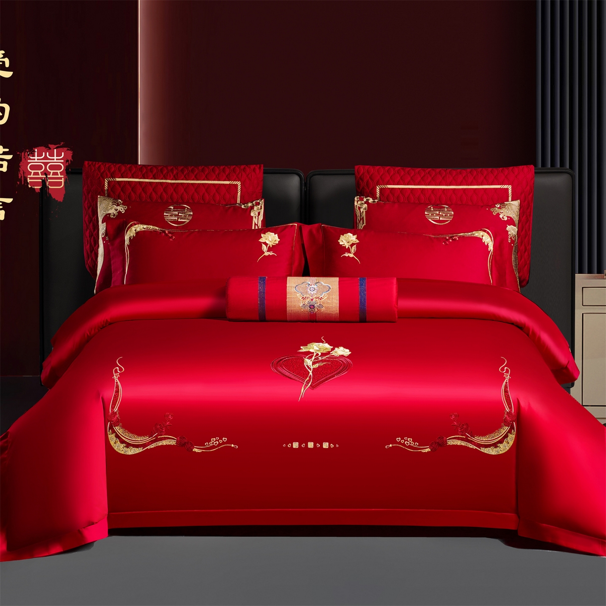 91家纺网 家纺一手货源 找家纺 （总）美娘阁 2025新款长绒棉全棉贡缎提花款新中式古典韵味精美刺绣婚庆四件套-系列二